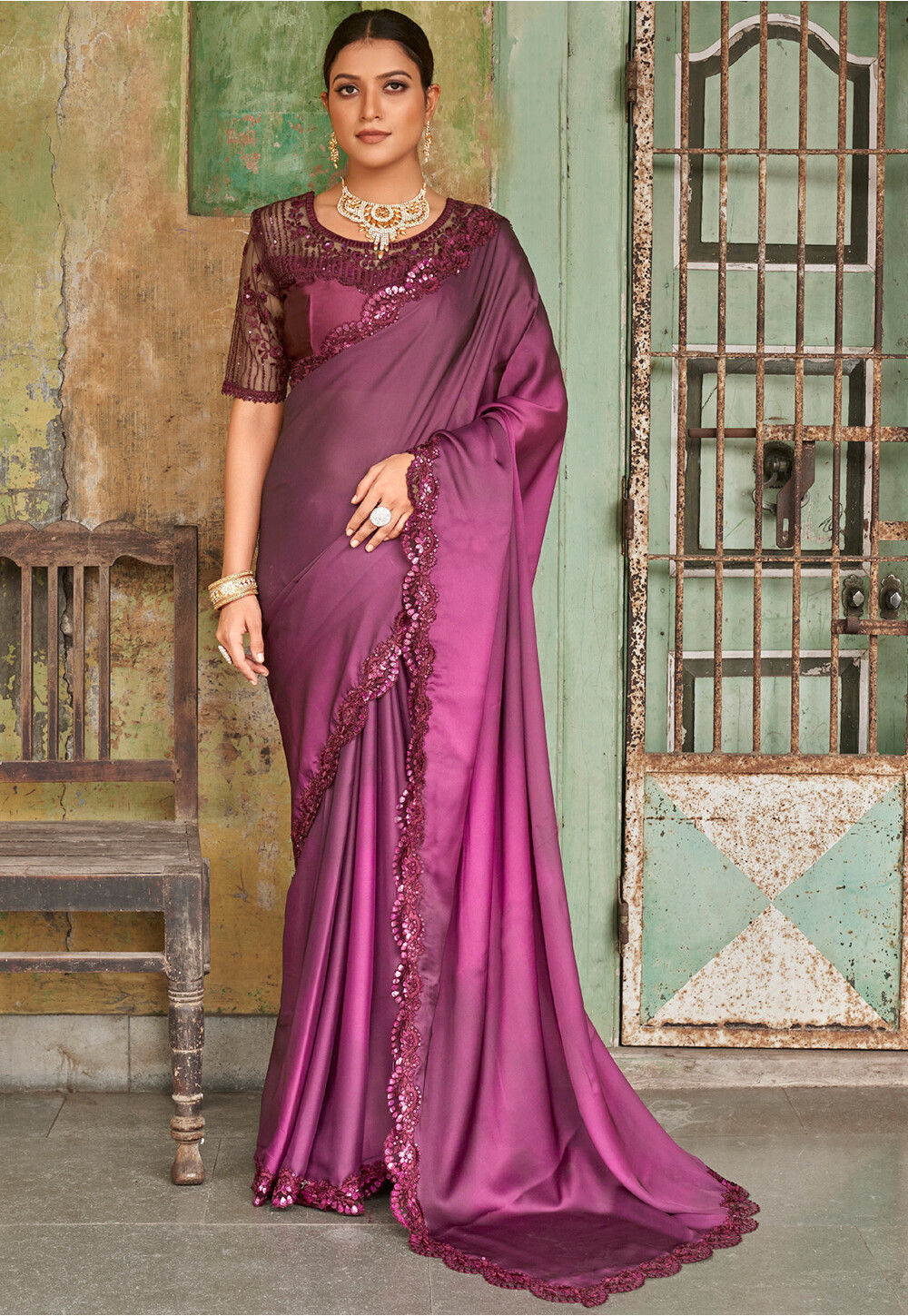 Maroon Color 3D Chiffon Satin Saree With Sequence Blouse – Bahuji - Online  Fashion & Lifestyle Store