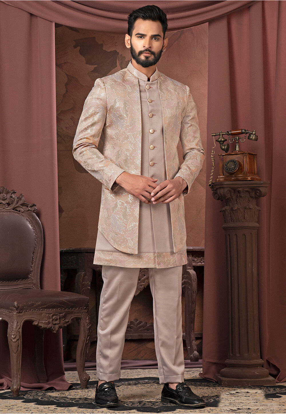 Handcrafted Fawn Embroidered Sherwani Set with Artisan Detailing main image 1