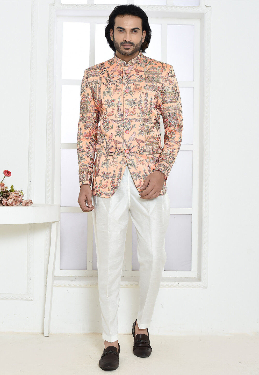 embroidered satin silk jodhpuri suit in peach v1