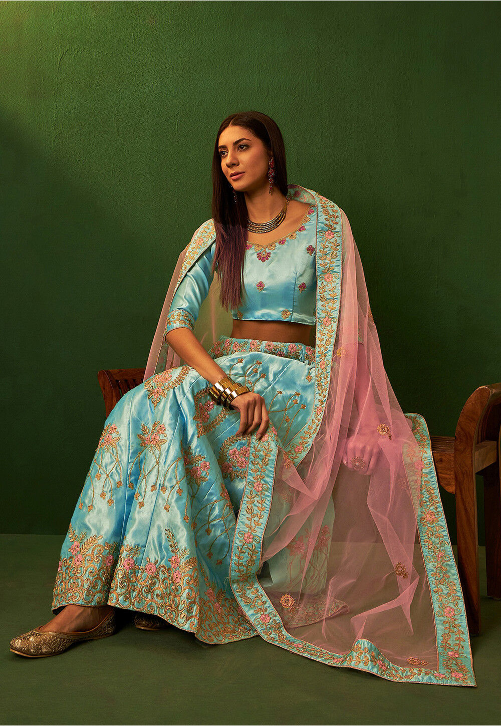 Satin Silk  Embroidered Blue Lehenga main image 0