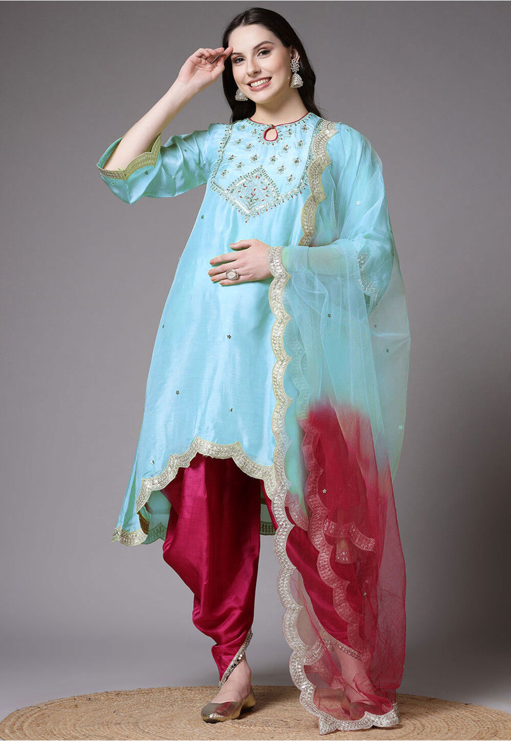Buy Embroidered Shantoon Scalloped Punjabi Suit in Sky Blue Online