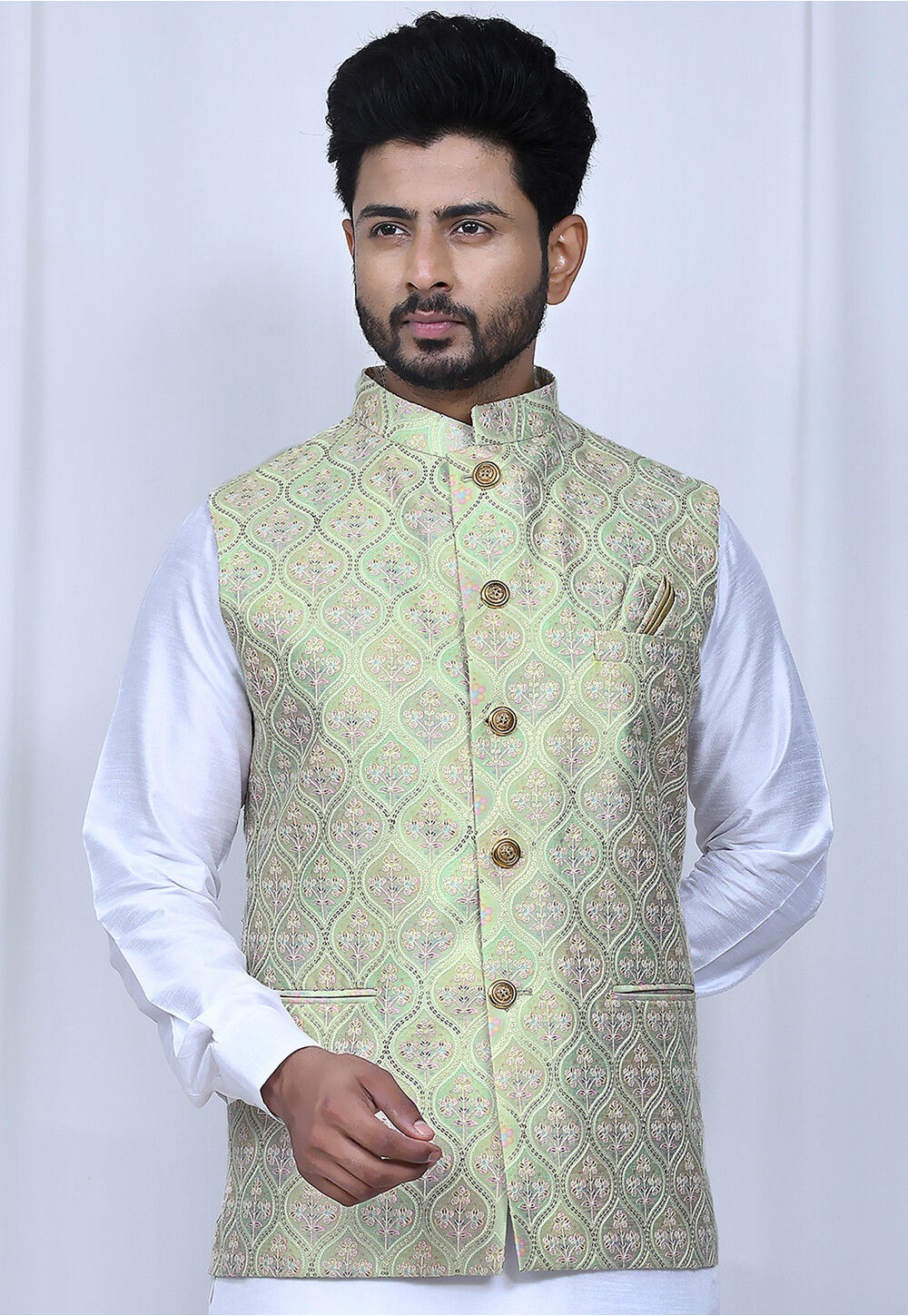 Buy Green Nehru Jacket And Kurta Jacquard Silk Brocade Banarasi & Set For  Men by Samyukta Singhania Online at Aza Fashions.