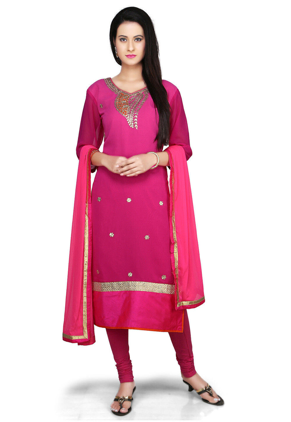 Embroidered Straight Cut Suit in Fuchsia KJN4052