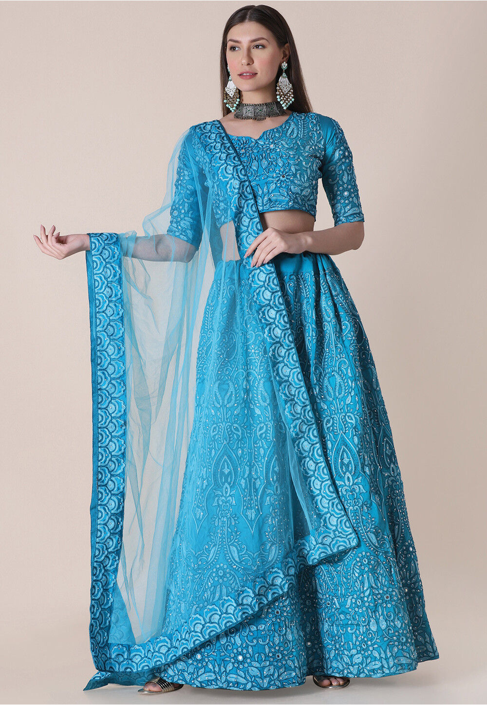 Buy Embroidered Taffeta Silk Lehenga in Blue Online : LJA89 - Utsav Fashion