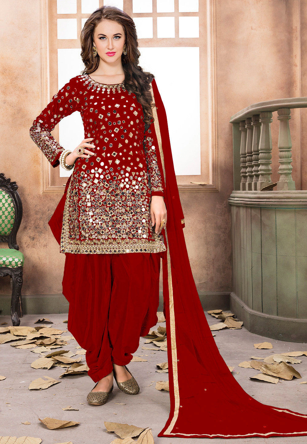 Embroidered Taffeta Silk Punjabi Suit in Red : KCH1165
