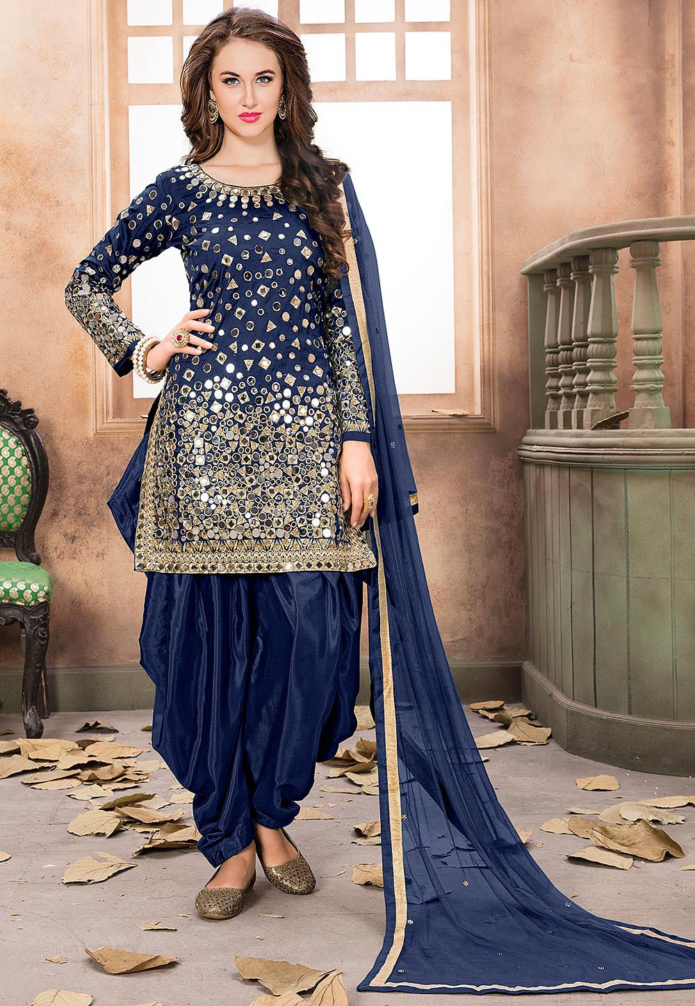 Embroidered Taffeta Silk Punjabi Suit in Navy Blue : KCH974