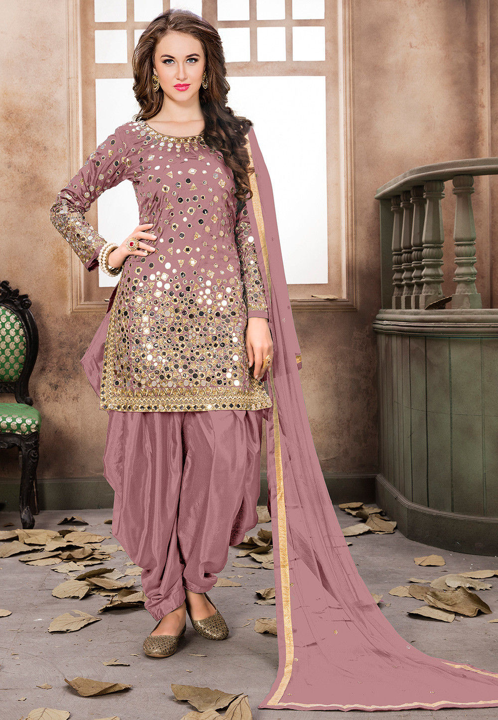 Embroidered Taffeta Silk Punjabi Suit in Old Rose : KCH1326