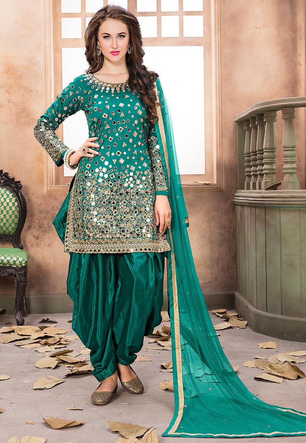 Embroidered Taffeta Silk Punjabi Suit in Teal Green : KCH973