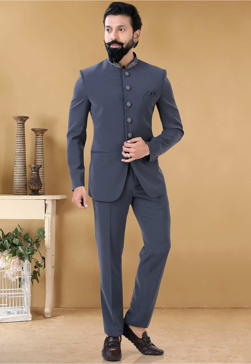 Embroidered Terry Rayon Jodhpuri Suit in Grey Bandhgala