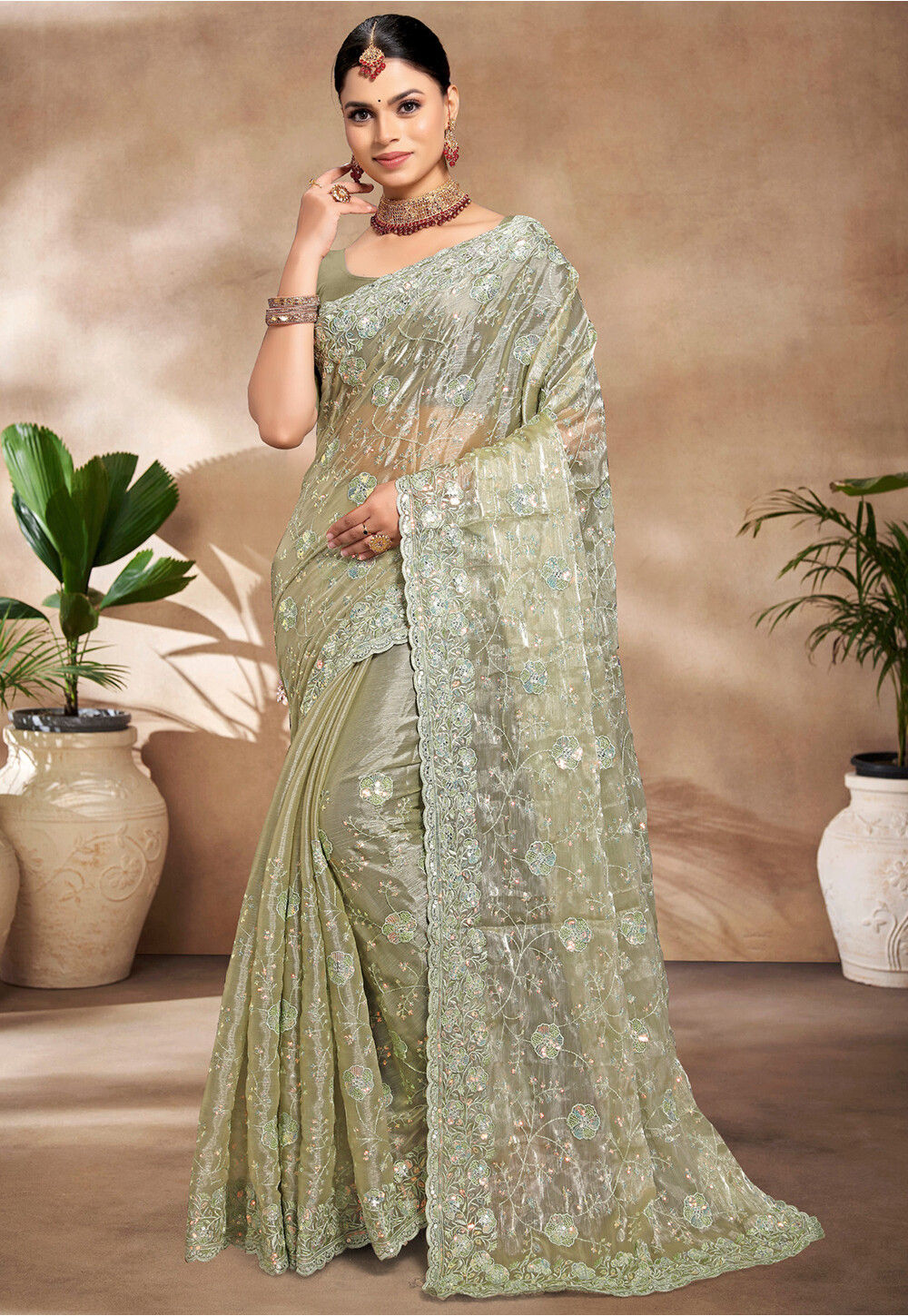 Buy Embroidered Tissue Organza Scalloped Saree in Light Green