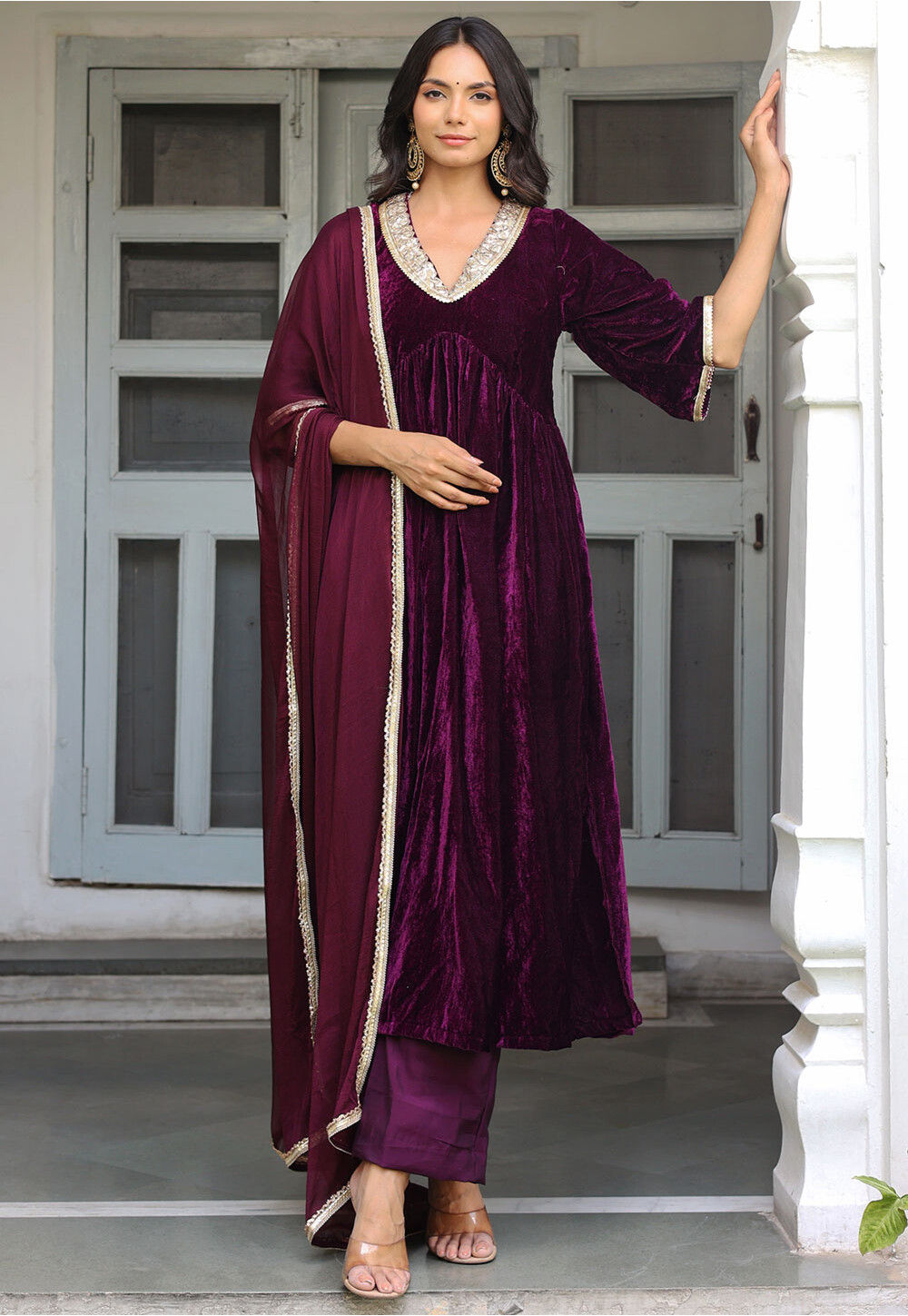 Embroidered Trim Velvet Aline Suit in Dark Purple Embroidered Trim Velvet Aline Suit in Dark Purple