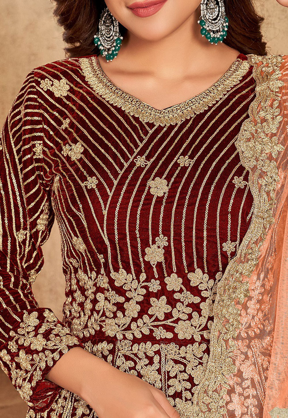 Embroidered Velvet Abaya Style Suit in Maroon : KCH8131