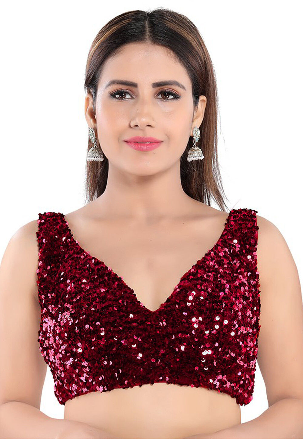 Maroon Velvet V Neck Blouse with Hand Embroidered Work