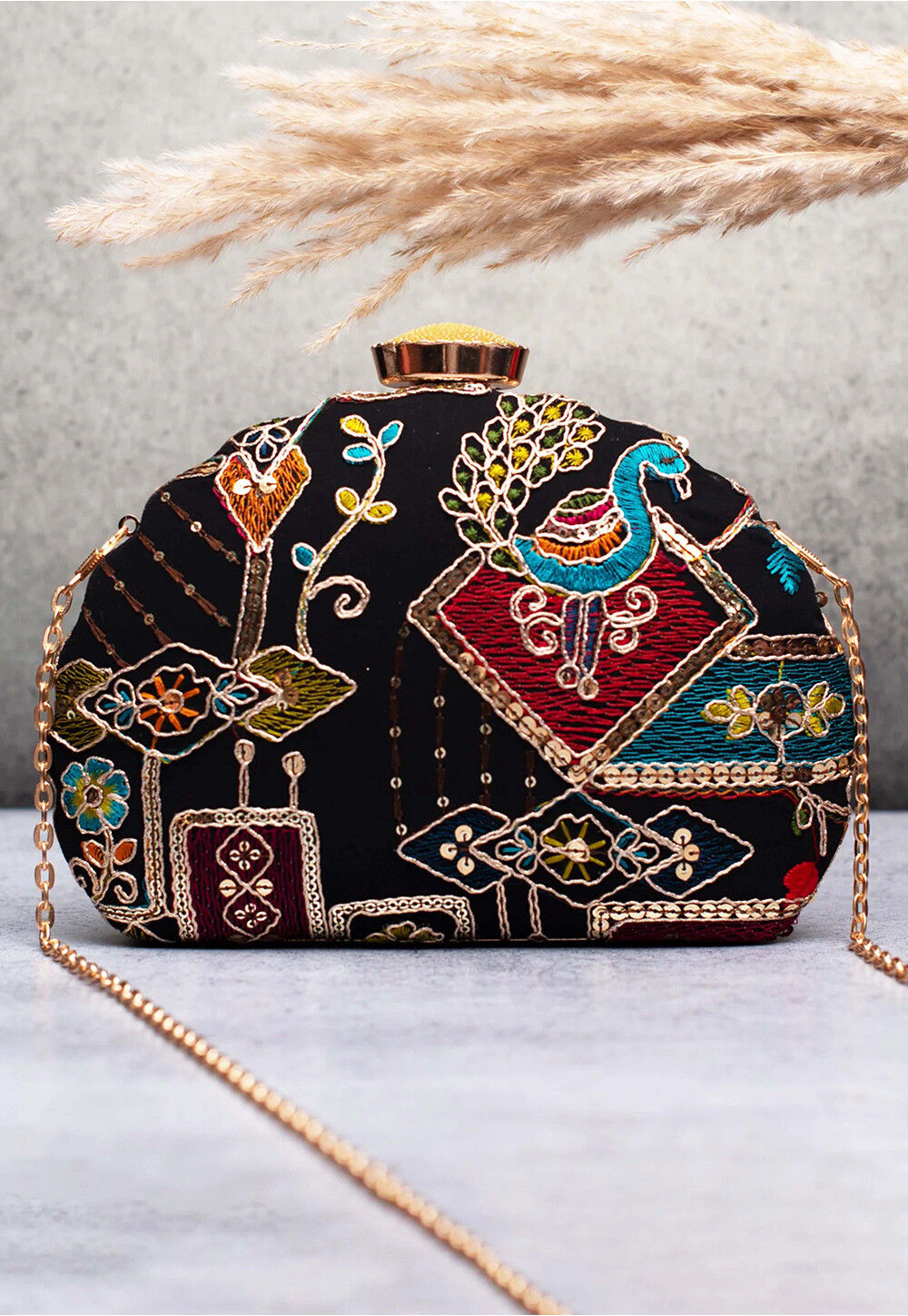 Embroidered Velvet Clutch Bag in Black