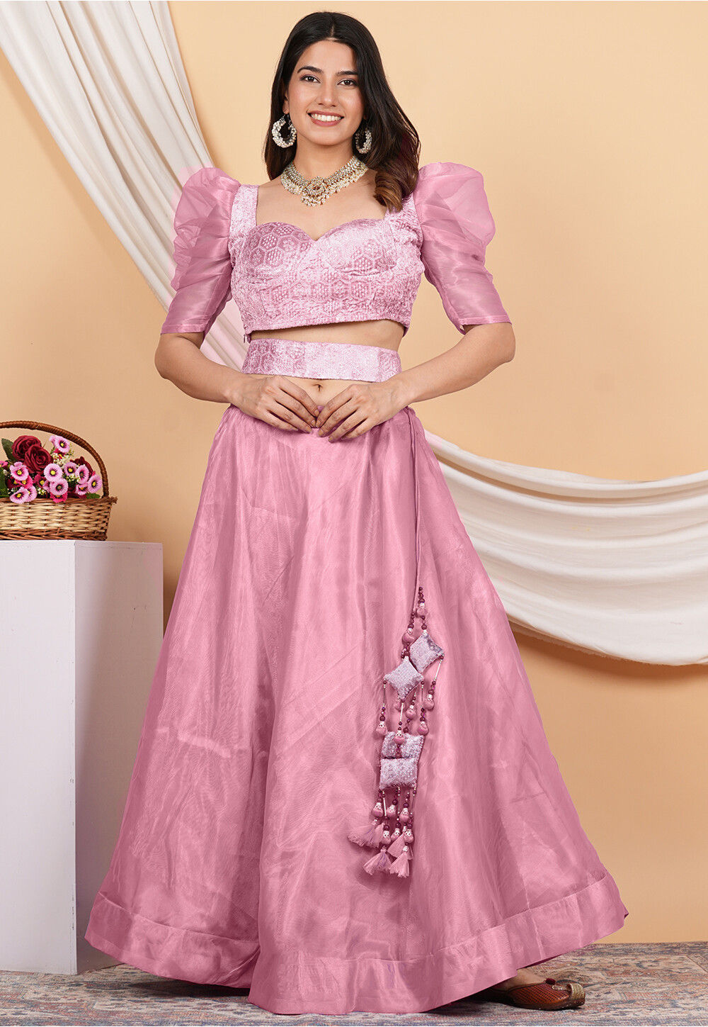 Buy Embroidered Velvet Crop Top Set in Light Pink Online TBQ851
