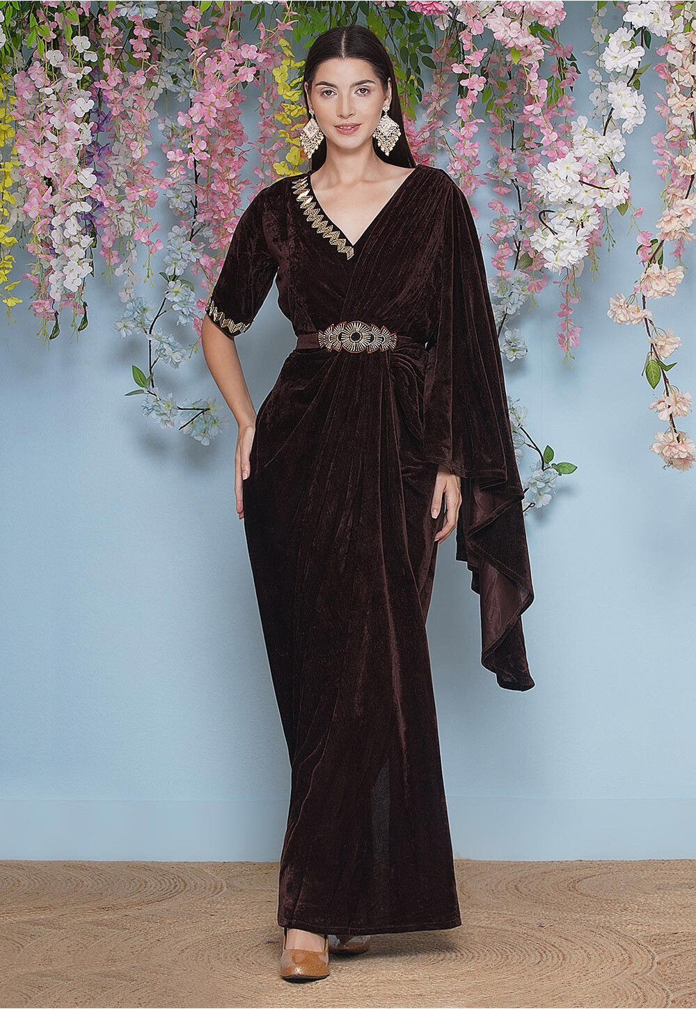 Maroon Embroidered Velvet Gown