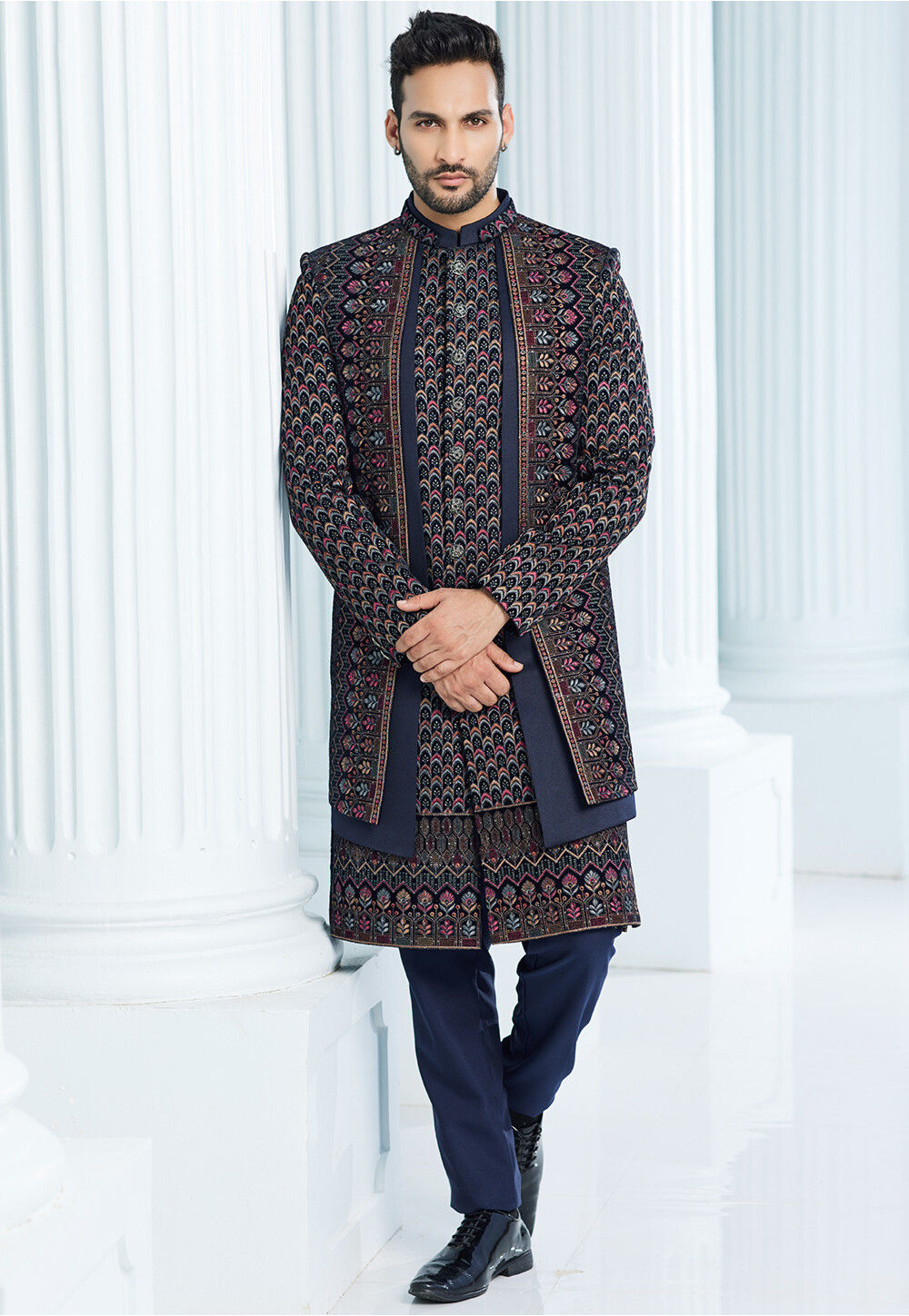 Buy Embroidered Velvet Jacket Style Sherwani in Navy Blue Online
