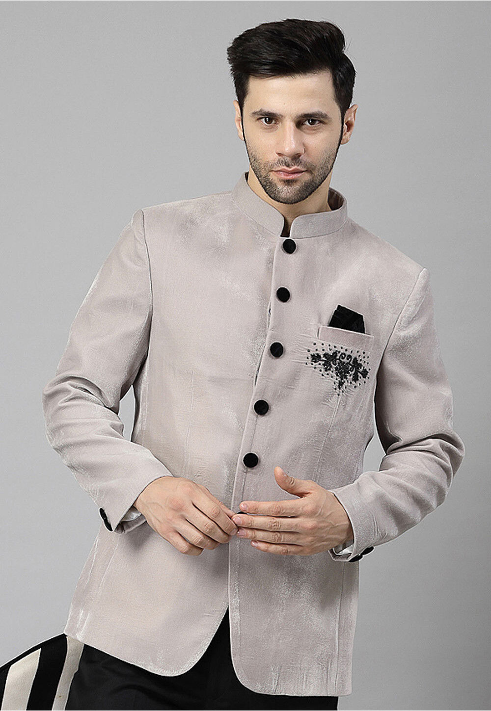 Embroidered Velvet Jodhpuri Jacket in Light Grey