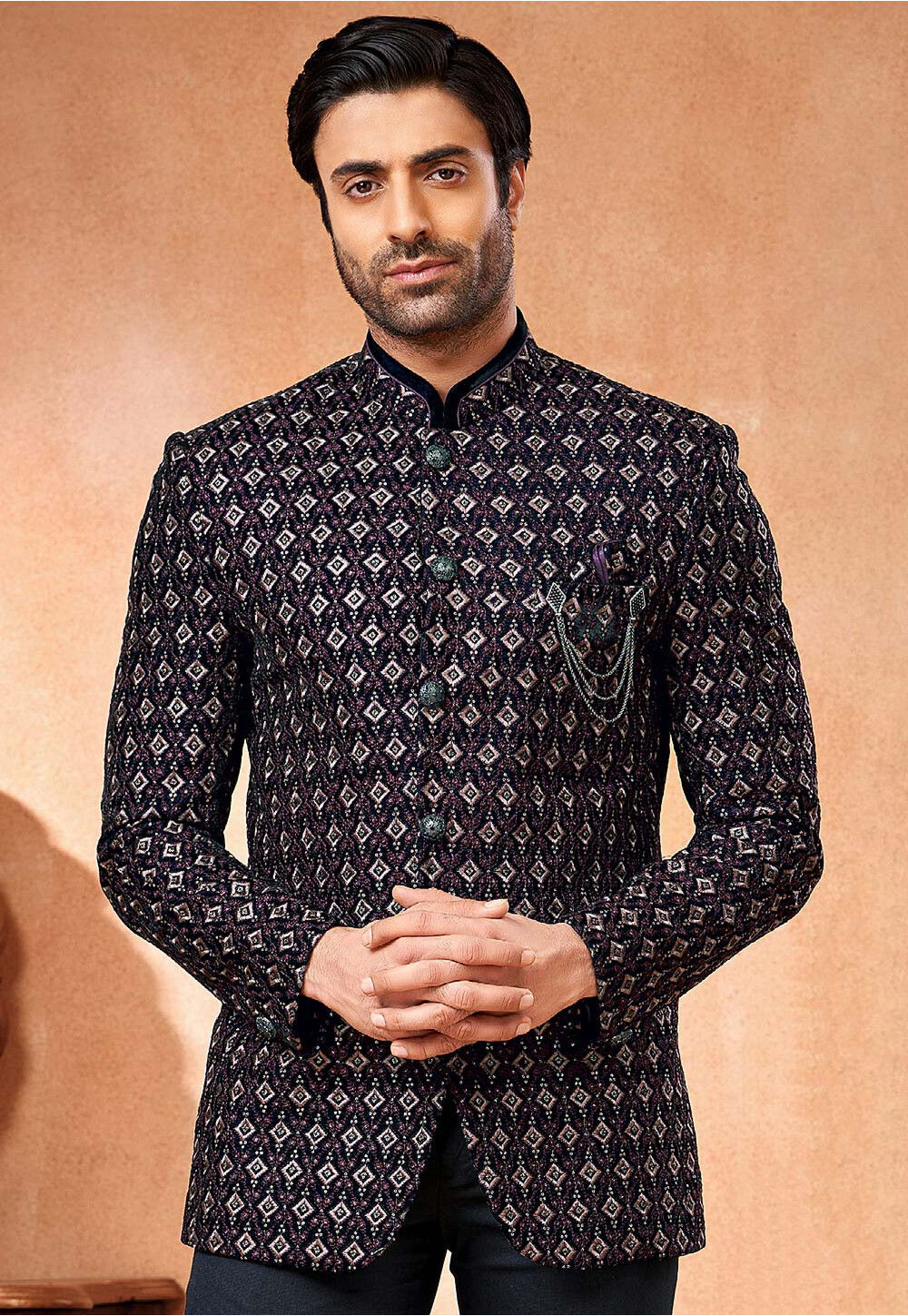 Embroidered Velvet Jodhpuri Jacket in Navy Blue Bandhgala