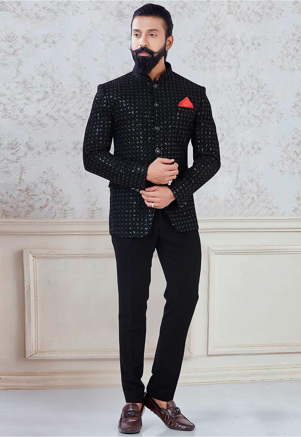Silver Grey Woolen Suiting Embroidered Jodhpuri Set Design by NITIKA GUJRAL  MEN at Pernia's Pop Up Shop 2024