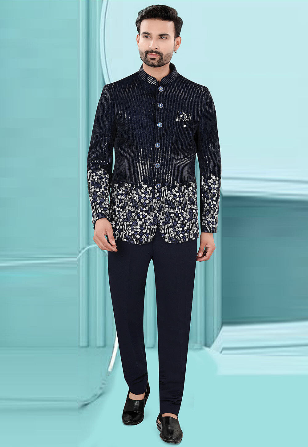 Embroidered Velvet Jodhpuri Suit in Navy Blue