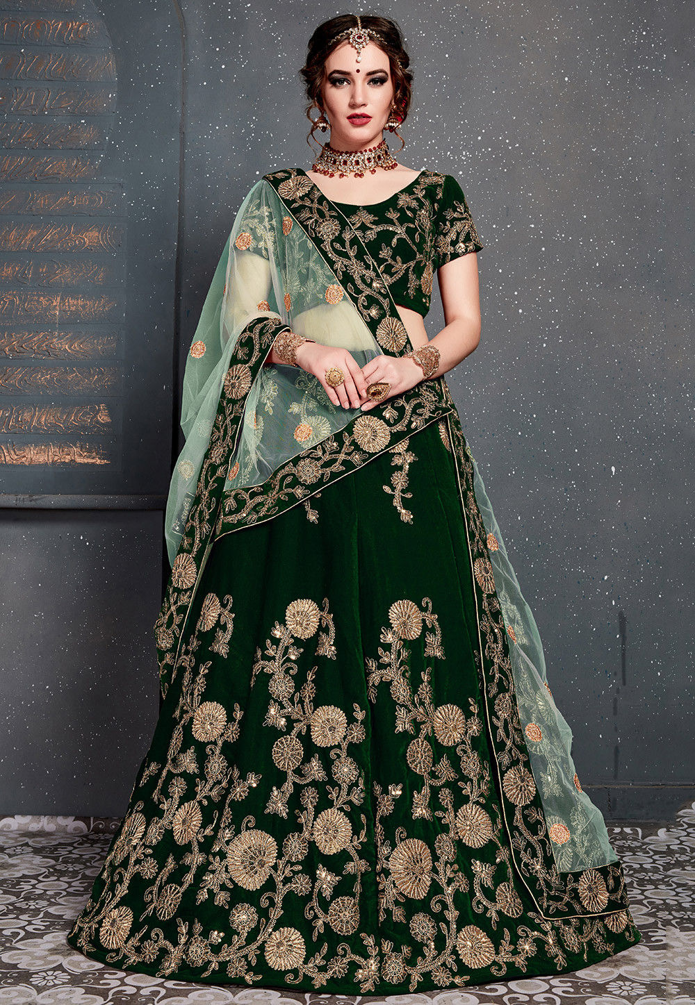 Stone Studded Black Velvet Top And Brocade Embroidered Lehenga With Sh |  Little Muffet