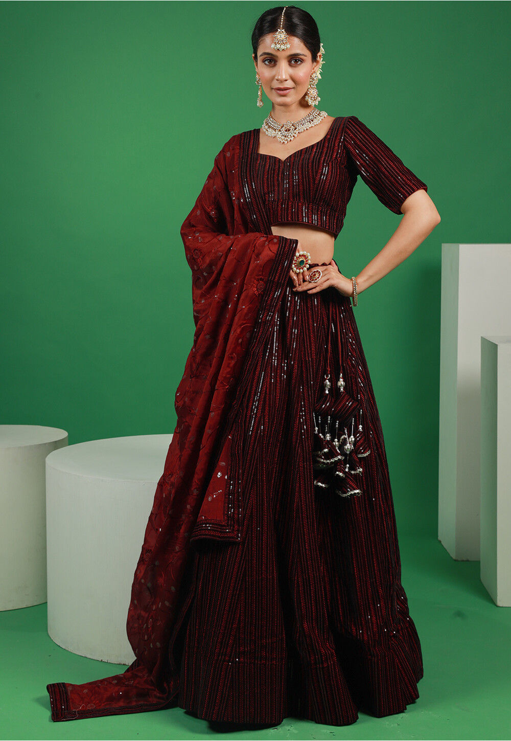 Buy Embroidered Velvet Lehenga in Maroon Online LJN1752 Utsav Fashion