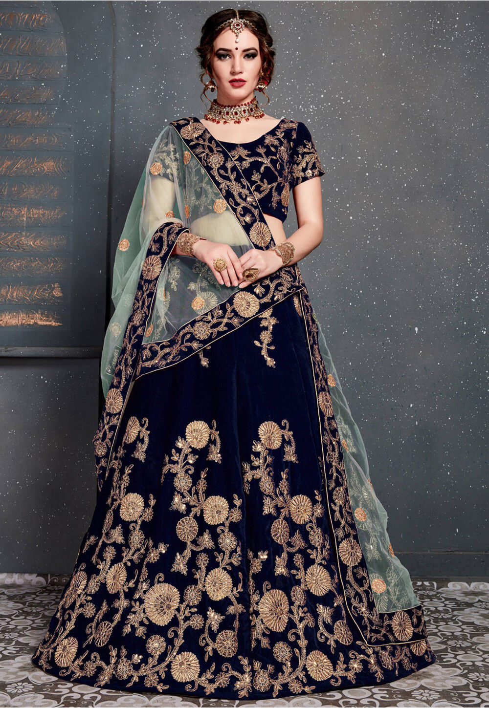 Buy Embroidered Velvet Lehenga in Navy Blue Online : LCC3430 - Utsav ...