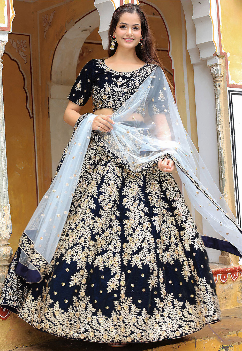 Buy Embroidered Velvet Lehenga in Navy Blue Online : LGM743 - Utsav Fashion