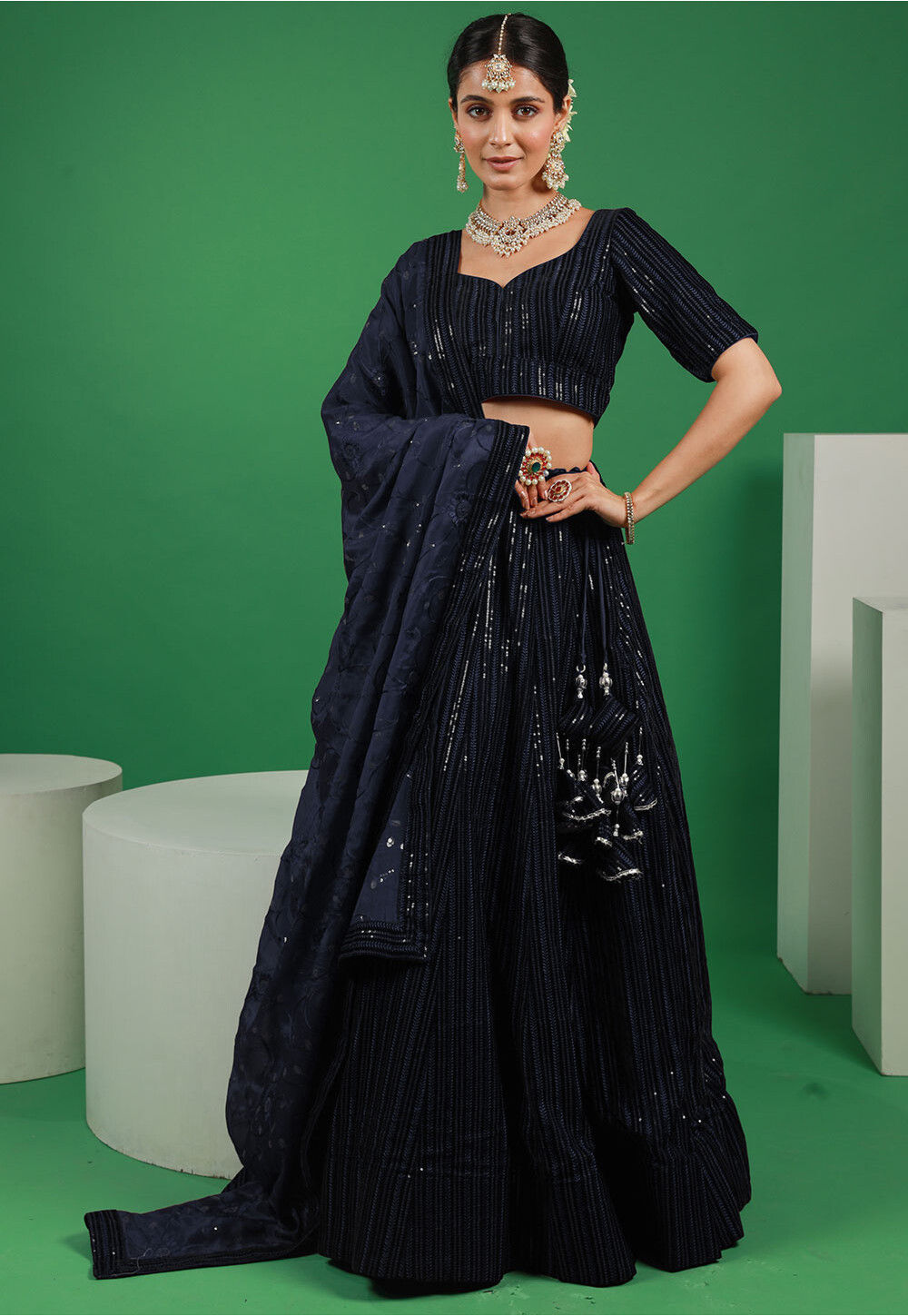 Buy Embroidered Velvet Lehenga in Navy Blue Online : LJN1813 - Utsav ...