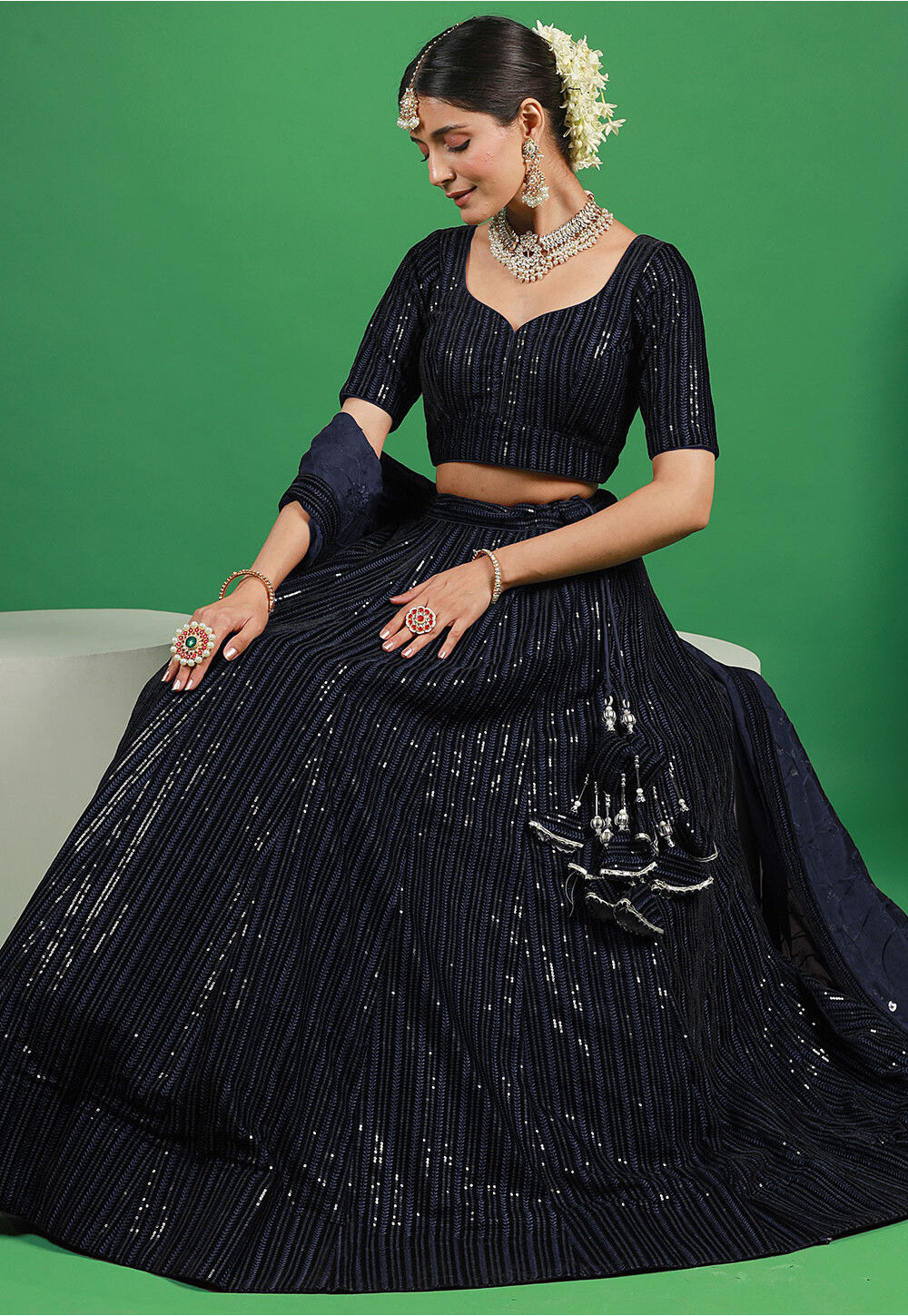 Buy Embroidered Velvet Lehenga in Navy Blue Online : LJN1813 - Utsav ...