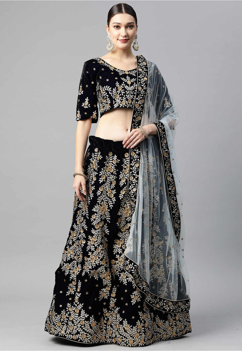 Buy Embroidered Velvet Lehenga in Navy Blue Online : LQU1460 - Utsav ...