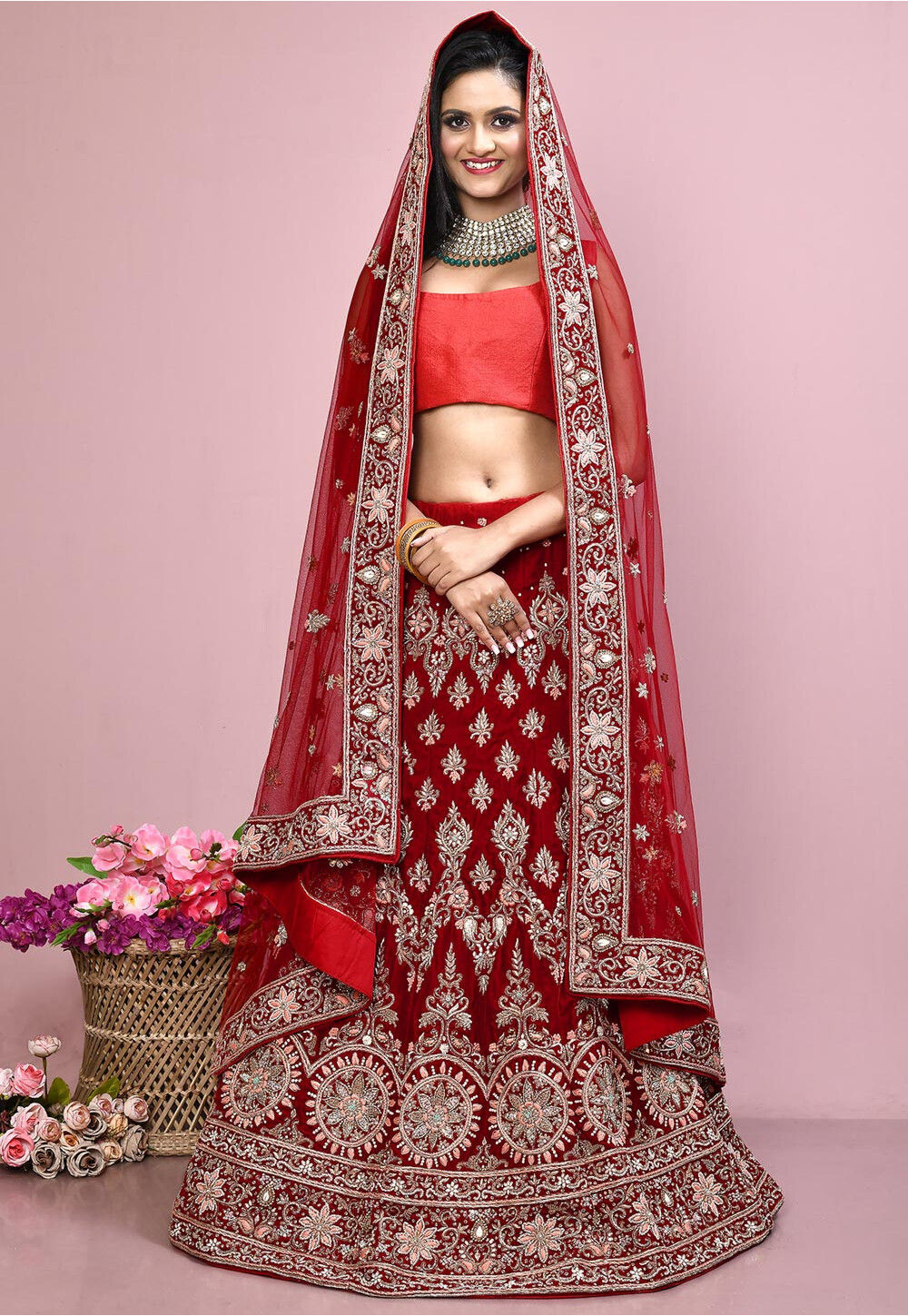 BALAJI EMPORIUM PRESENTS 1002 DESIGN RED VELVET EMBROIDERY WORK BRIDAL  LEHENGA CHOLI COLLECTION AT WHOLESALE PRICE 3283