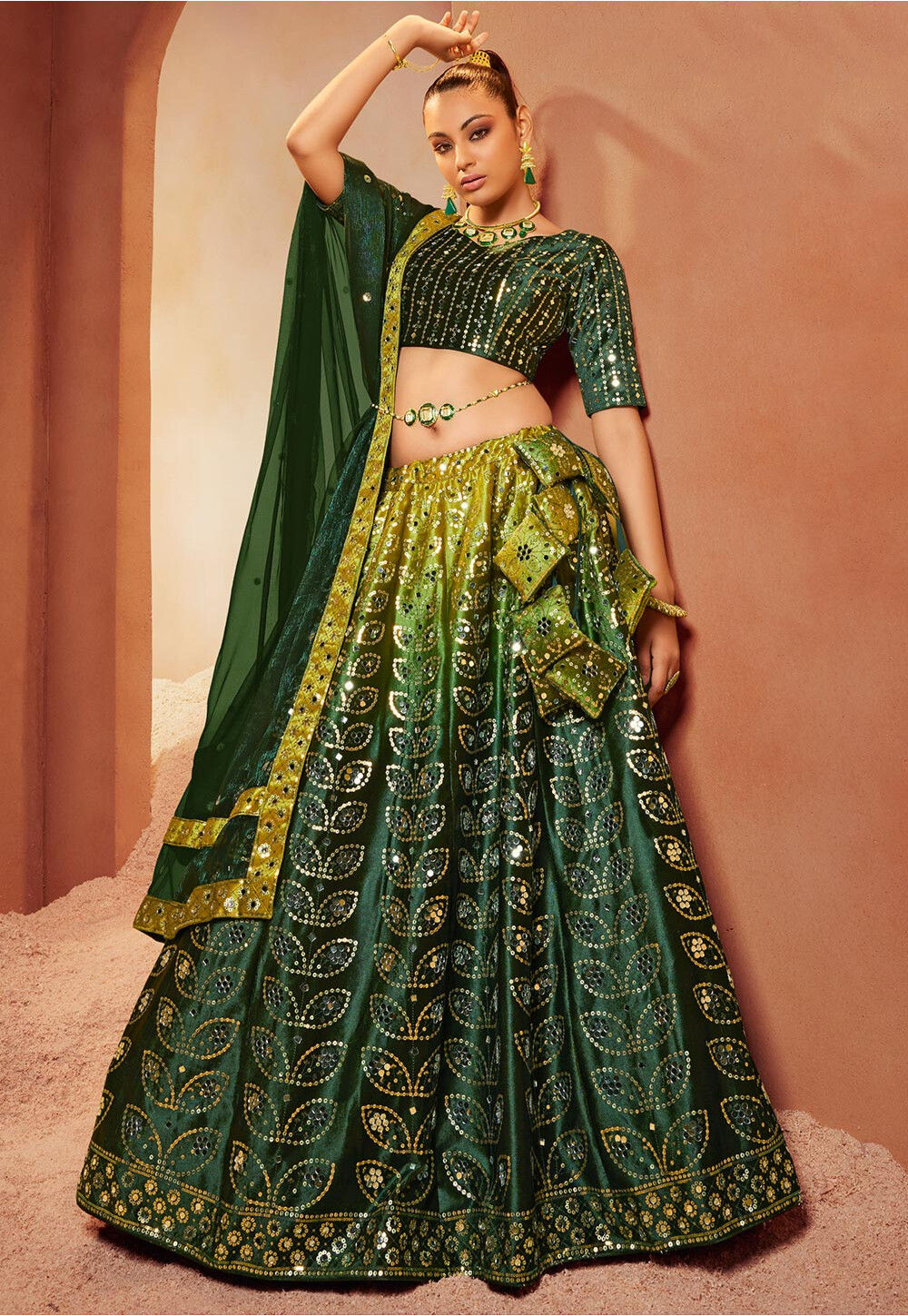 Buy Embroidered Velvet Lehenga in Shaded Green Online LNJ475 Utsav