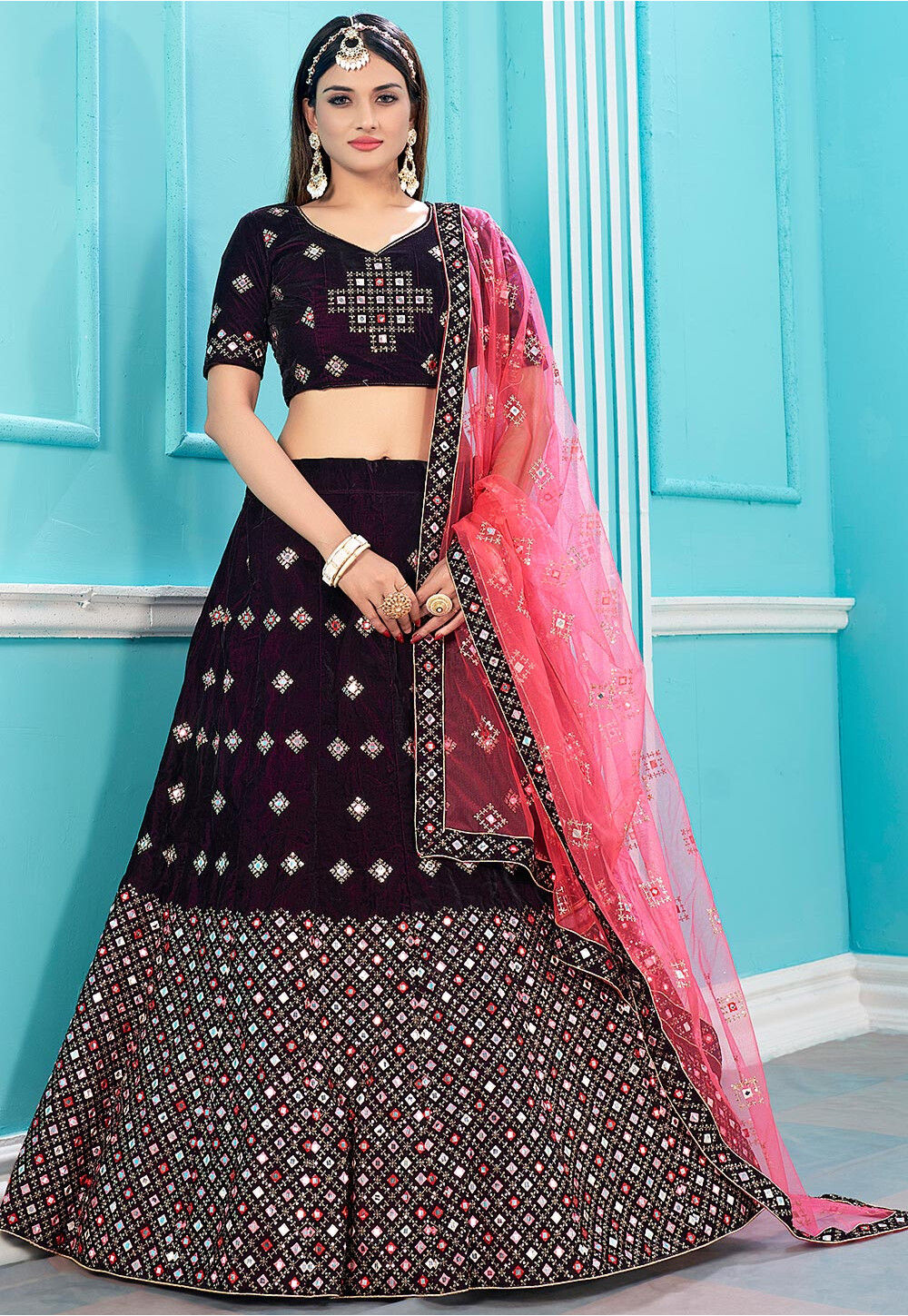 Lowest price | Wine Casual Velvet Bridal Lehenga Choli, Wine Casual Velvet  Bridal Lehengas and Wine Casual Velvet Bridal Ghagra Chaniya Cholis online  shopping