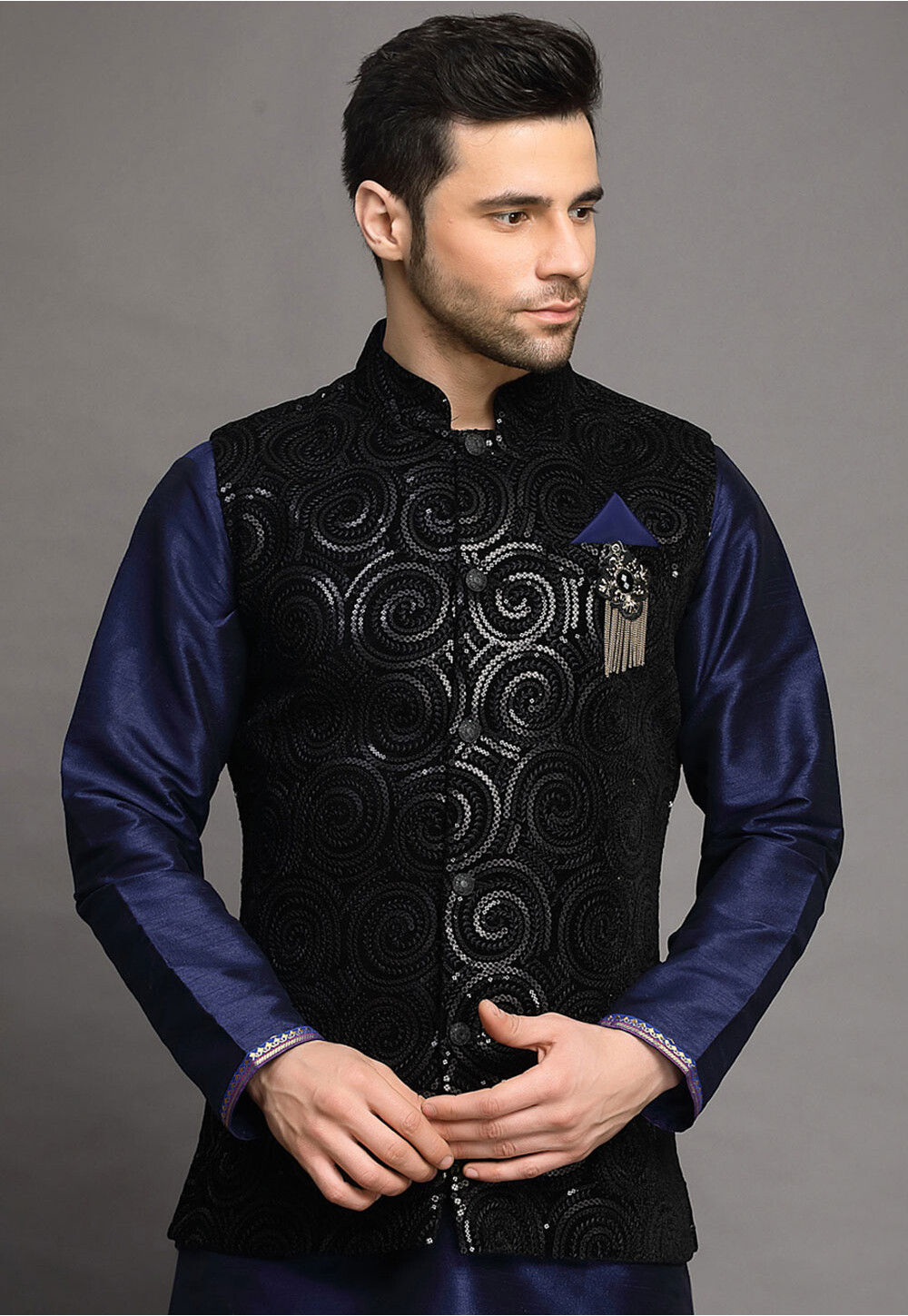 Embroidered Velvet Nehru Jacket in Black MXX131