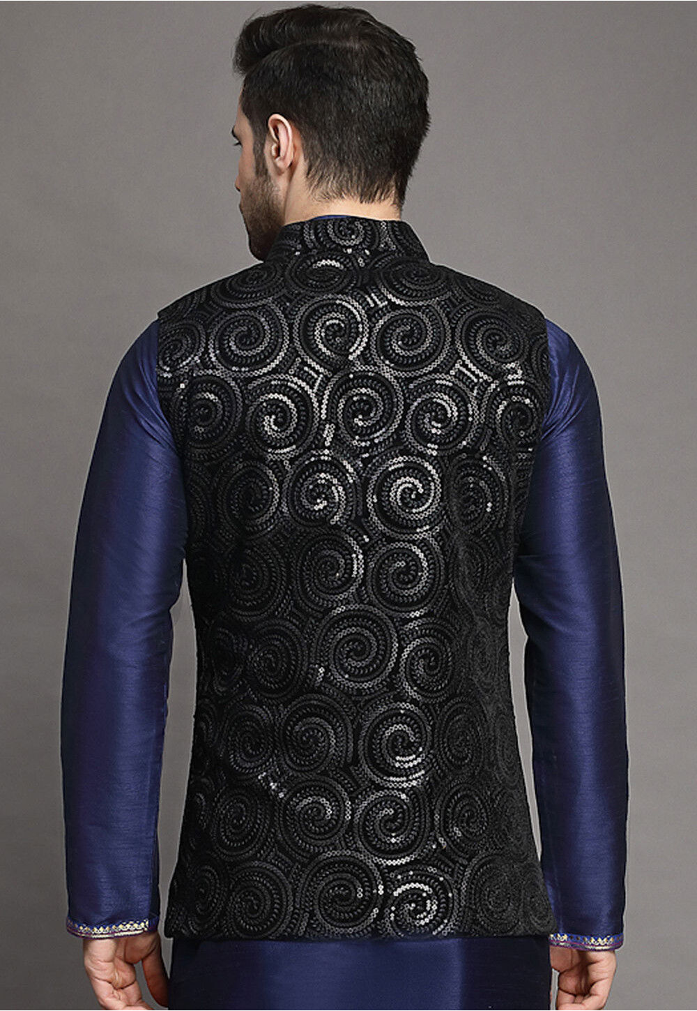 Embroidered Velvet Nehru Jacket in Black MXX131