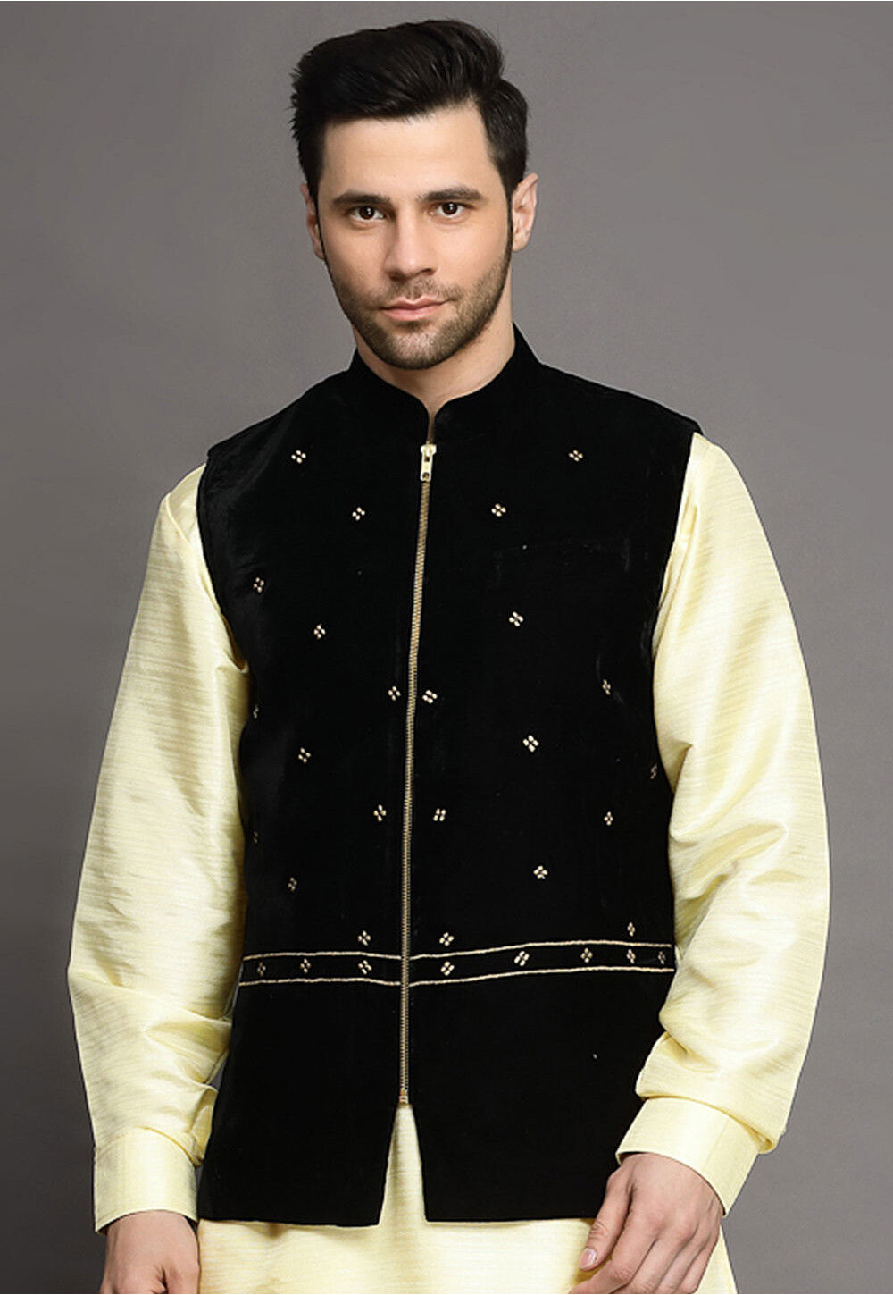 Embroidered Velvet Nehru Jacket in Black MXX134