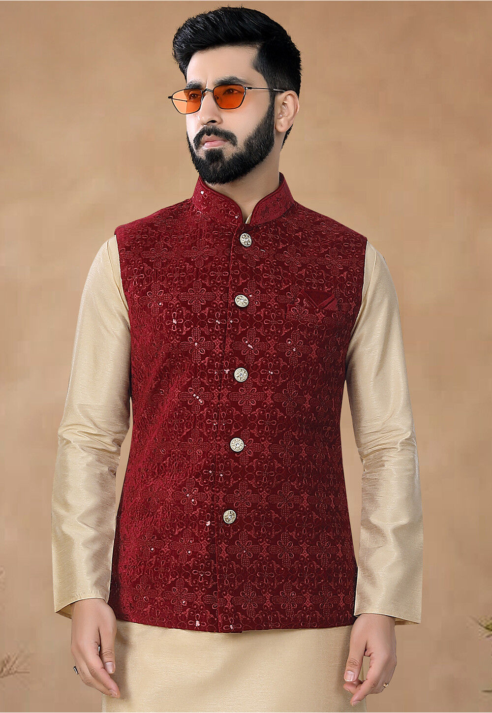 Men's Maroon Embroidered Velvet Nehru Jacket with Mandarin Collar main image 0