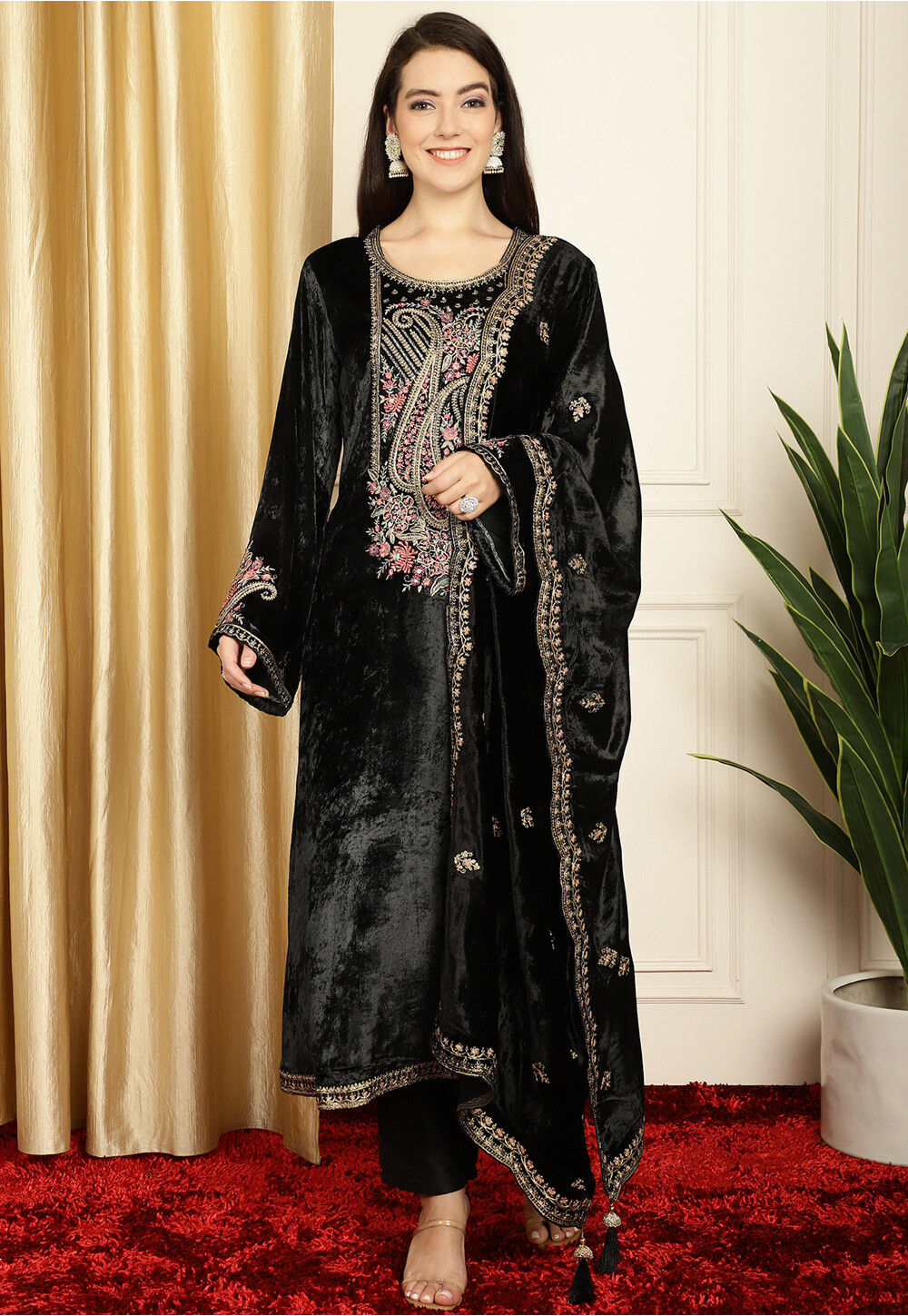 Buy Embroidered Velvet Pakistani Suit in Black Online KPV1643 Utsav Fashion