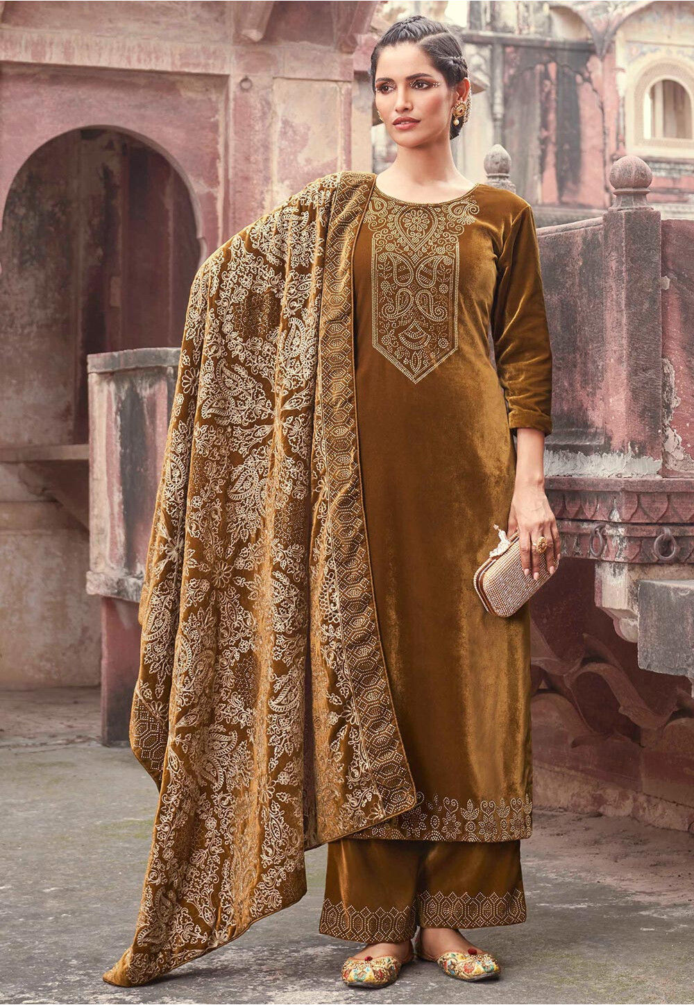 Buy Embroidered Velvet Pakistani Suit in Brown Online KVG411 Utsav Fashion