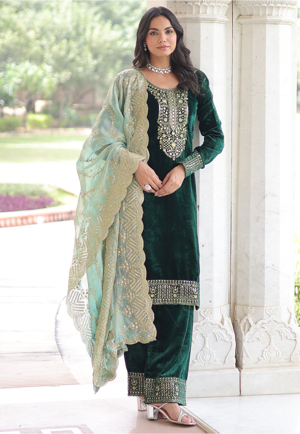 Buy Embroidered Velvet Pakistani Suit in Dark Green Online : KJC6259