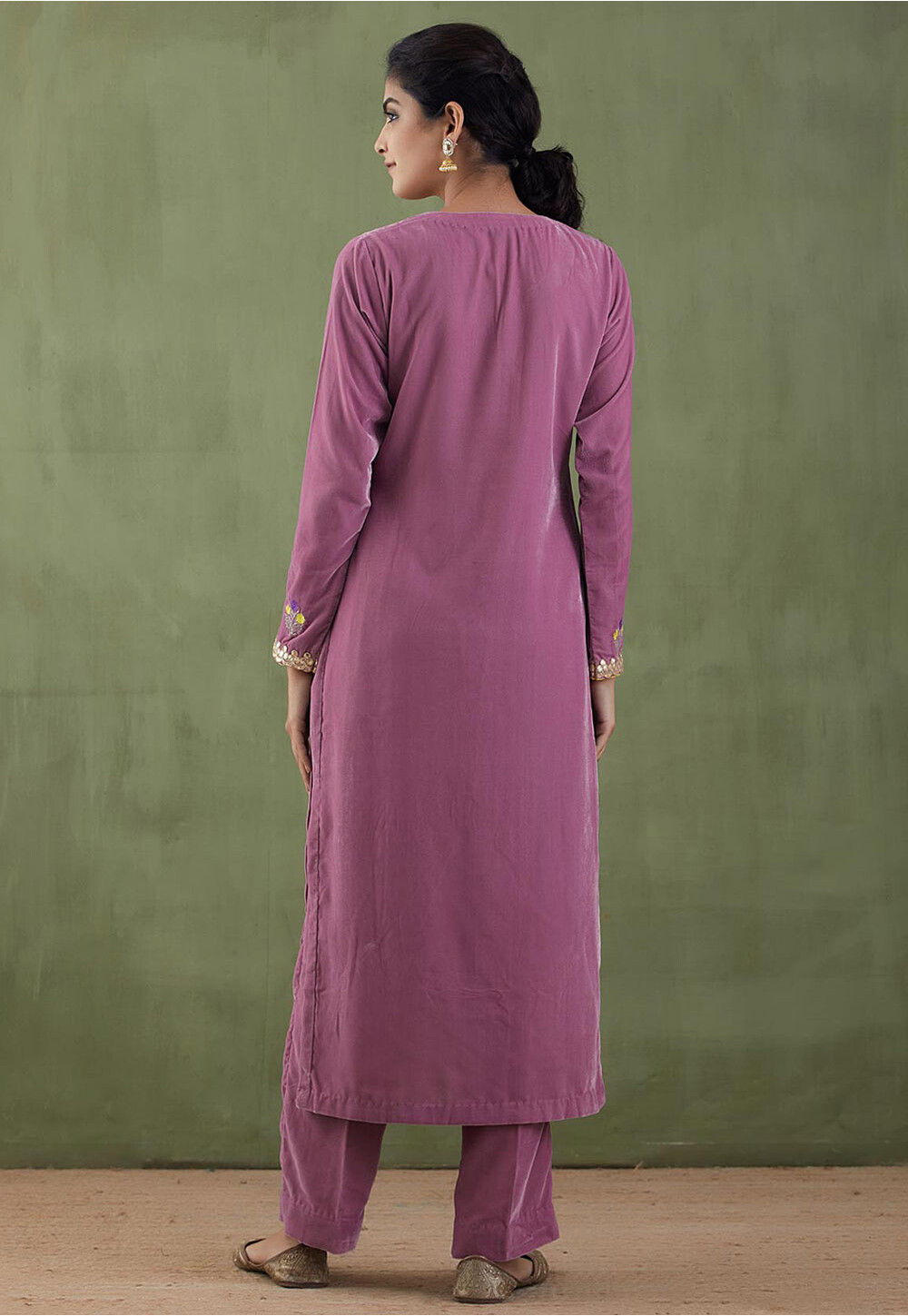 Purple Velvet Heavy Embroidered Kashmiri suit with Embroidered Pants & Organza Kiran Lace Duppata main image 0