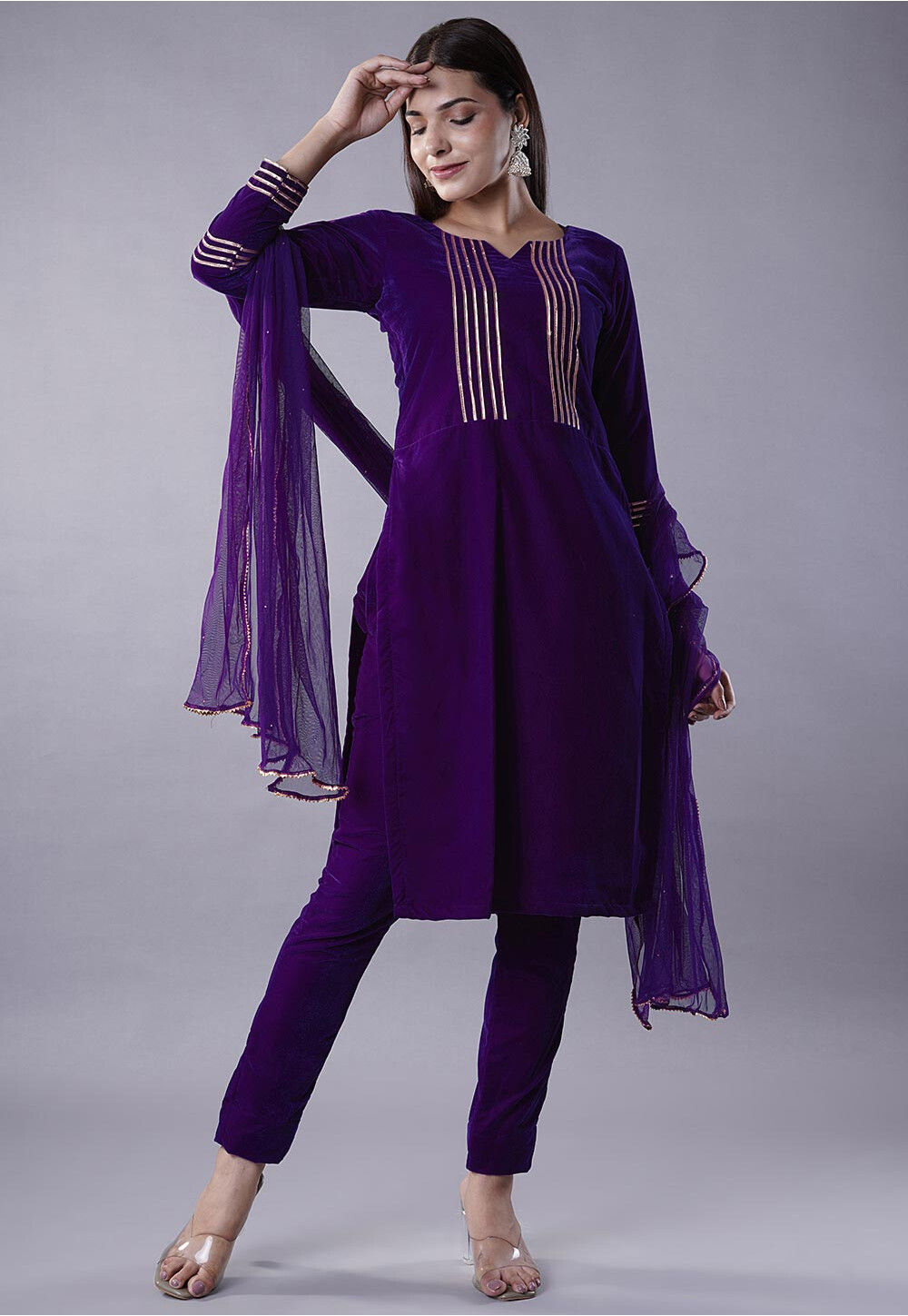 Purple Velvet Heavy Embroidered Kashmiri suit with Embroidered Pants & Organza Kiran Lace Duppata main image 1