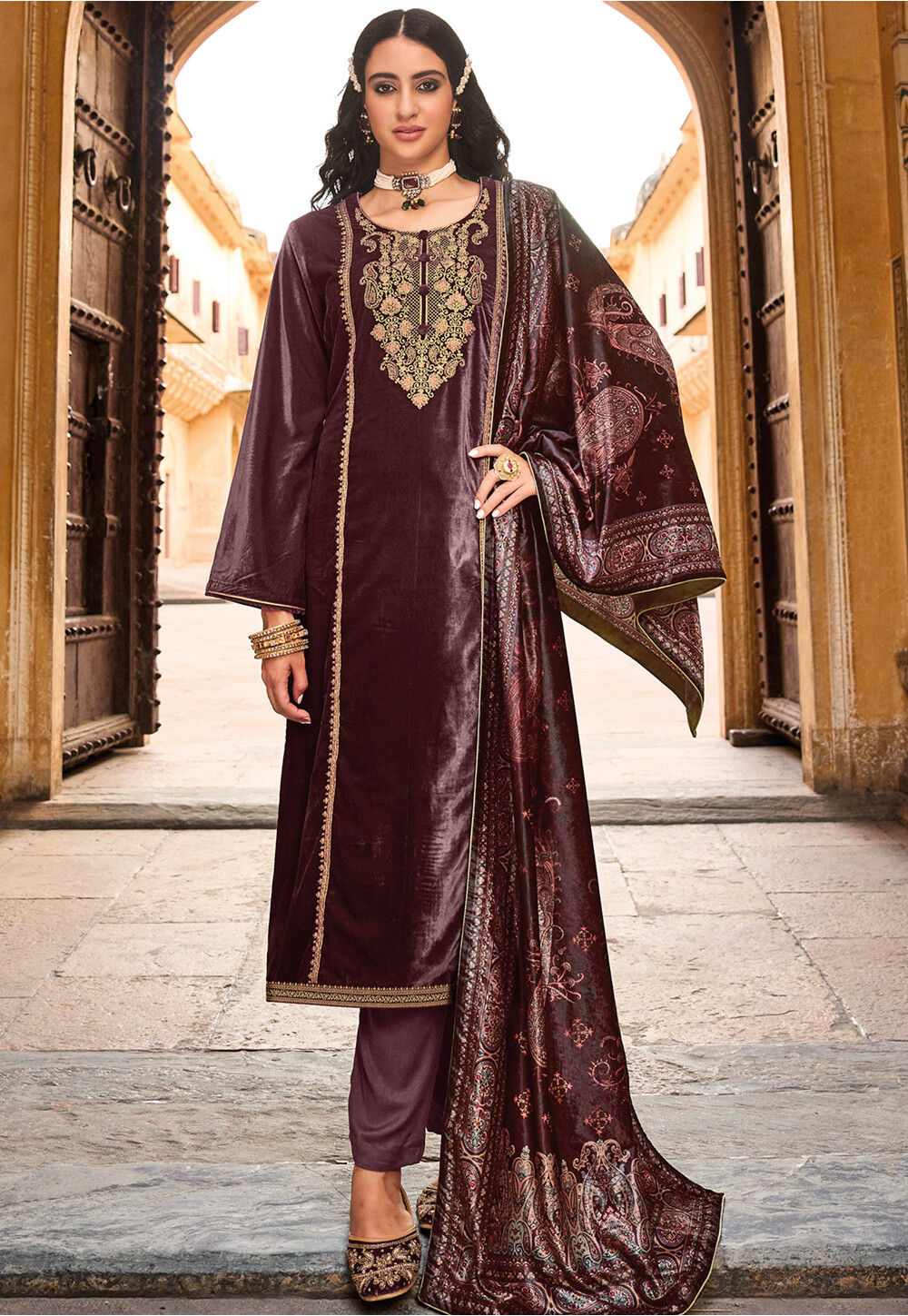 Sufi V Neck Full Sleeve Designer Mustard Velvet Suit Set Online