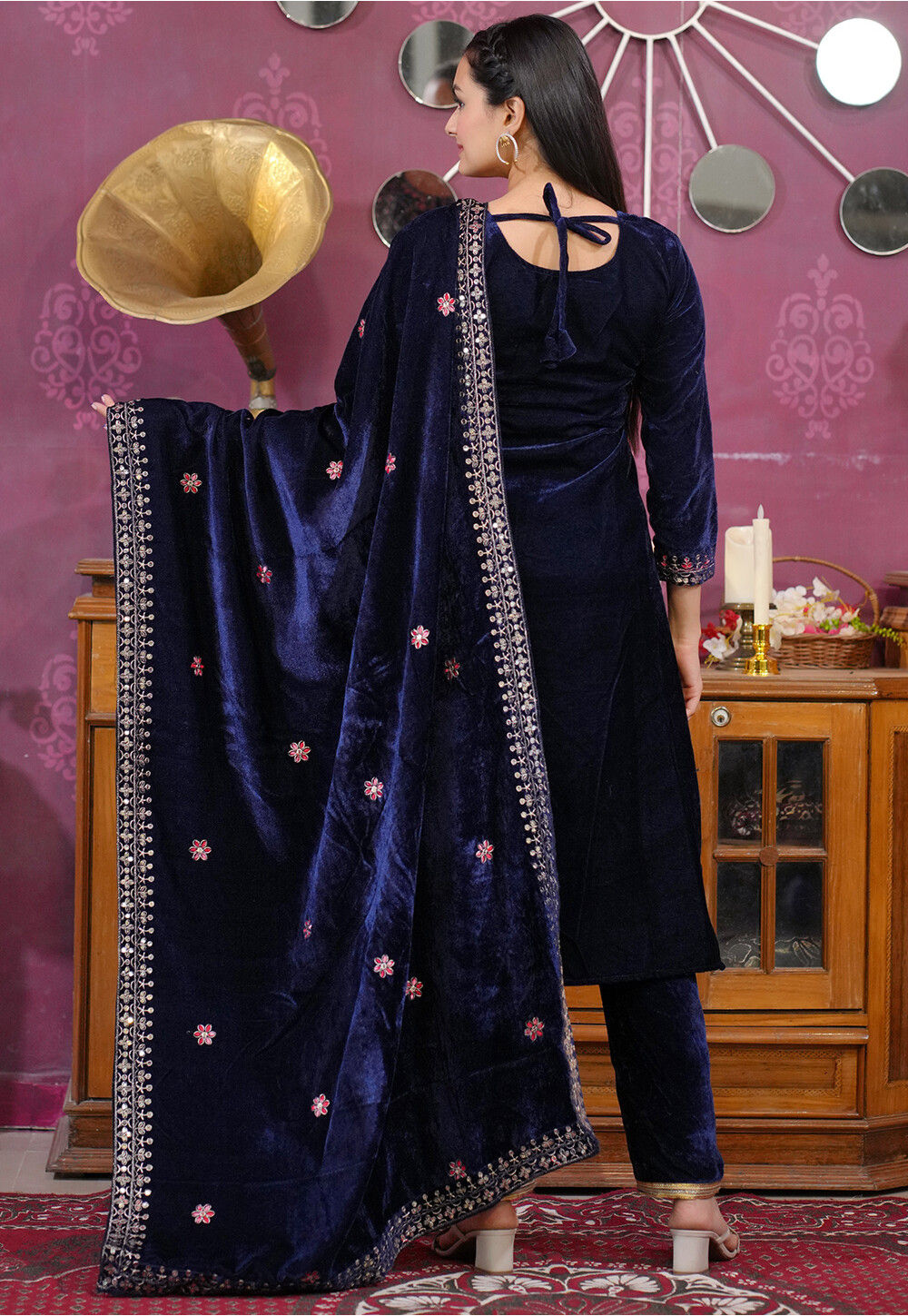Navy Blue heavy Embroidered Soft Velvet Farshi Salwar suit with heavy Duppata
