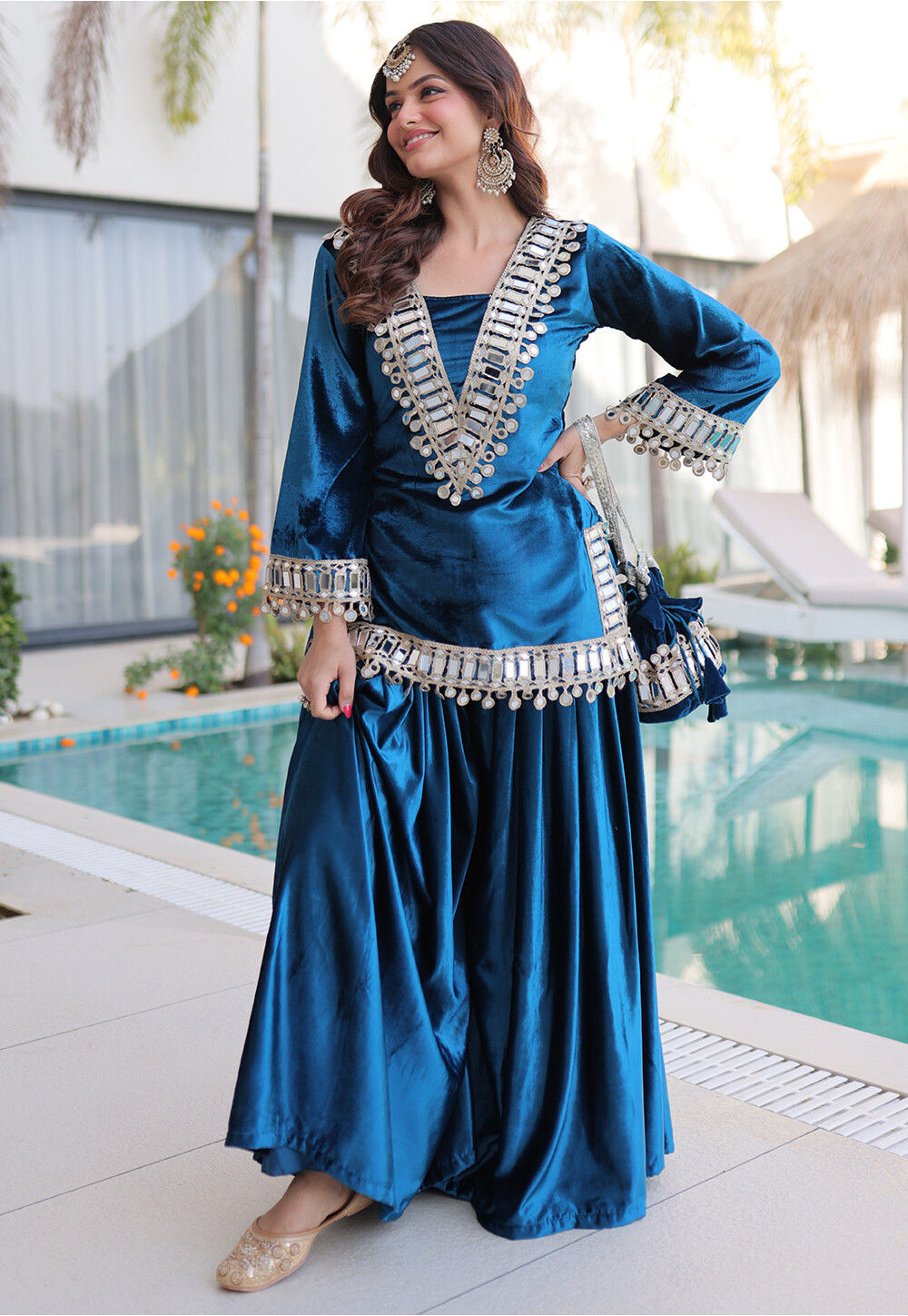 Embroidered Velvet Pakistani Suit in Teal Blue
