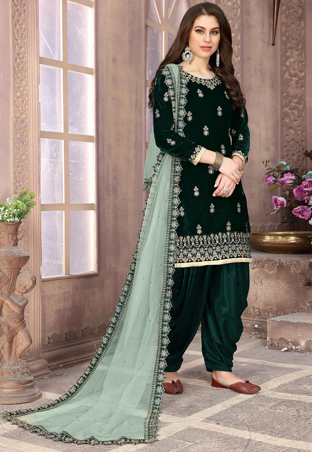 Embroidered Velvet Punjabi Suit in Dark Green : KCH4620