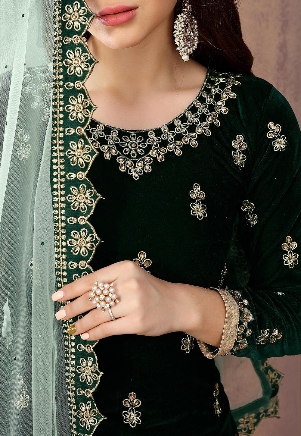 Buy Embroidered Velvet Punjabi Suit In Dark Green Online Kch4620 Utsav Fashion 