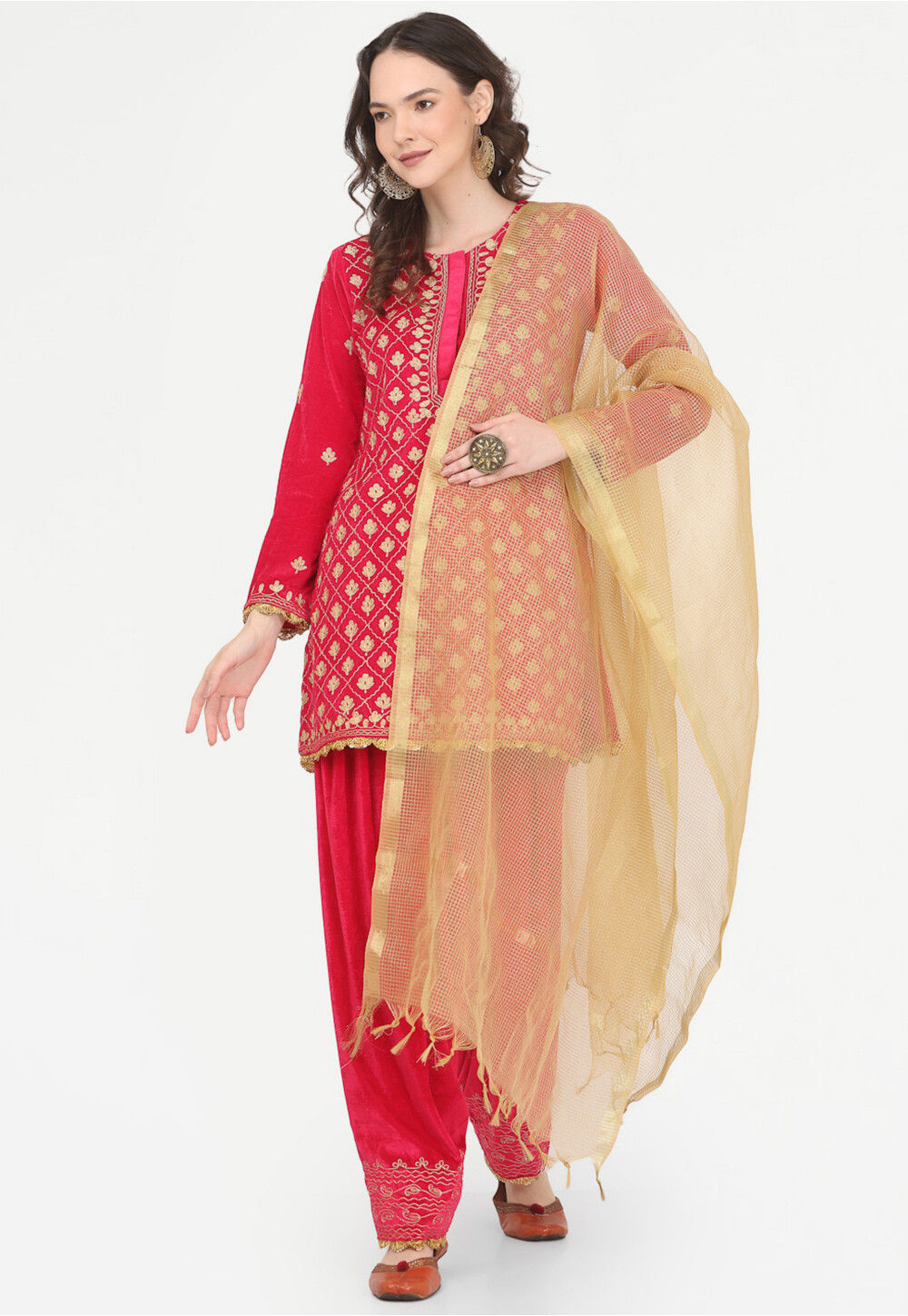 Embroidered Velvet Punjabi Suit in Fuchsia KXH388